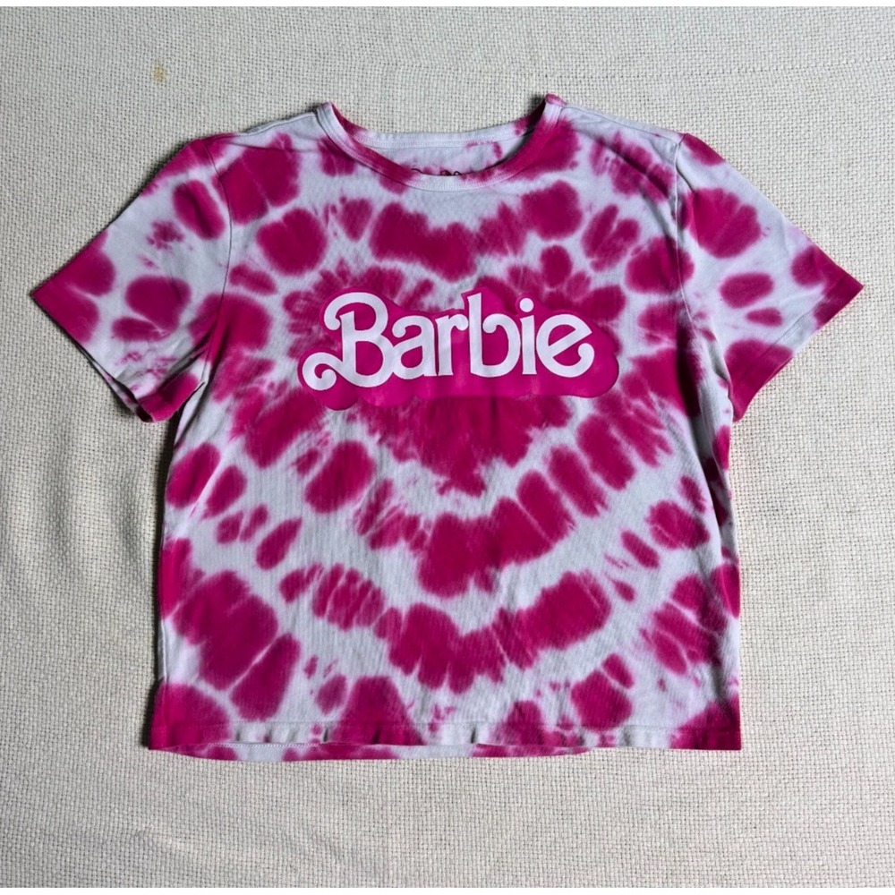 Barbie Women's Pink White Tie Dye Graphic T-Shirt Crop Top Y2K Size